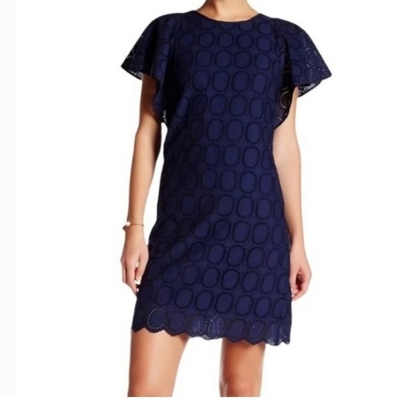 J. Crew Factory Scalloped Eyelet Navy Blue Shift Dress With Flutter Sleeve Sz 2 - Picture 2 of 15